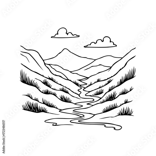 Serene mountain valley illustration with flowing river and cloudscape evokes nature's tranquility