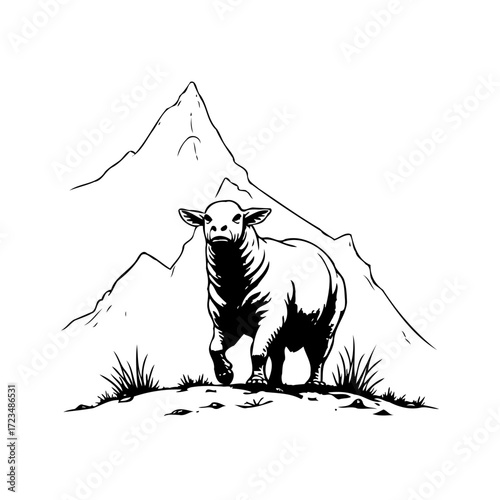 Serene mountain landscape with grazing lamb evoking pastoral peace and natural harmony creating