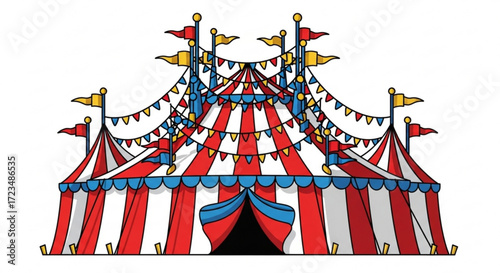 Colorful circus tent with flags and decorations, evoking a sense of fun and excitement