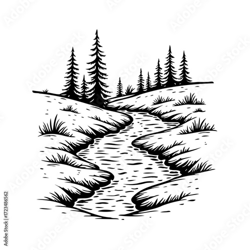 Serene stream winding through a tranquil forest landscape sketch providing a calming natural scene