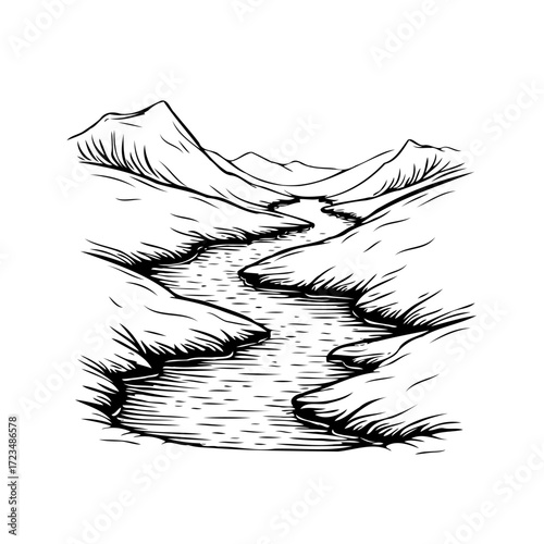 Serene mountain valley vista showcasing a meandering river captured in a hand drawn illustrative