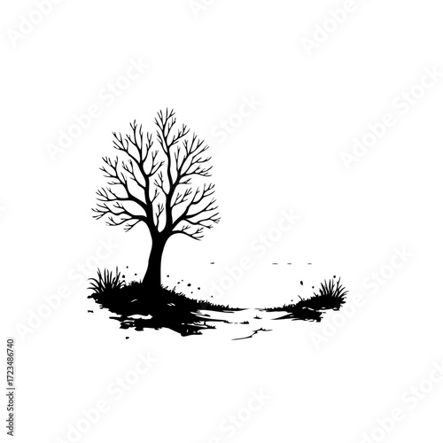 Silhouette of barren tree and ground, minimalist design, evoking peaceful isolation and quiet