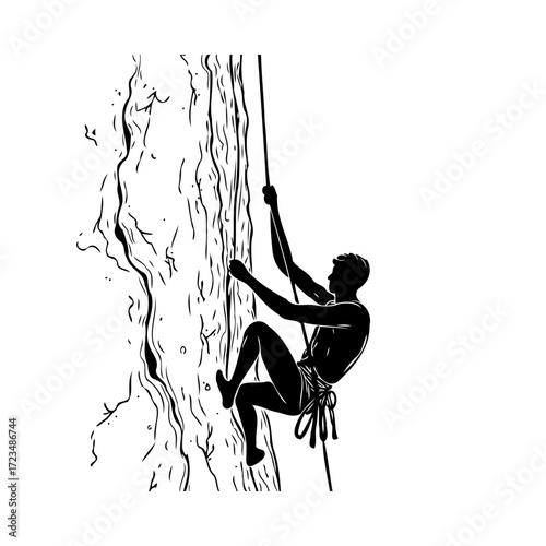 Silhouette of climber ascending a rugged cliff face using rope technique showcasing determination