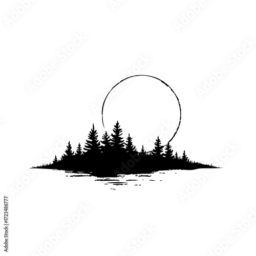 Silhouette of evergreen trees against the moon creates a serene and tranquil nighttime landscape