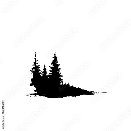 Silhouette of evergreens creating a stark wintery scene against a bright white contrasting sky