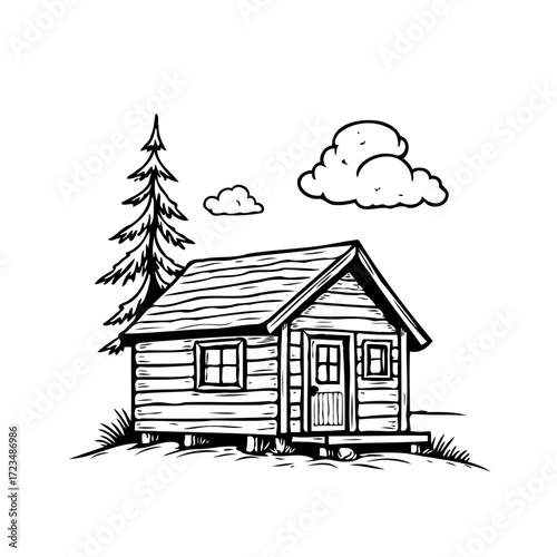 Simple rustic cabin sketch nestled among nature with a tall evergreen tree under cloudy sky
