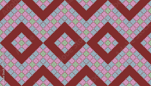 Colorful Floral Geometric Diamond Zigzag Seamless Pattern in Red Background, Suitable for Fabric Printing, Wallpaper, Notebook Cover, Bedding, Pillowcase, and Fashion Apparel