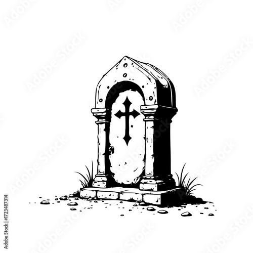 Sketch of weathered tombstone with a cross carved in stone against a plain background with grass