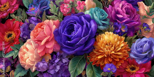 Wallpaper Mural A colorful floral arrangement featuring a variety of flowers in full bloom. The composition showcases different textures, hues and shapes with a deep and enchanting atmosphere. Torontodigital.ca