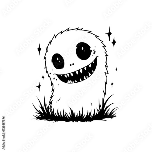 Smiling fuzzy creature illustration amidst sparkling stars and wild grass captivating whimsical