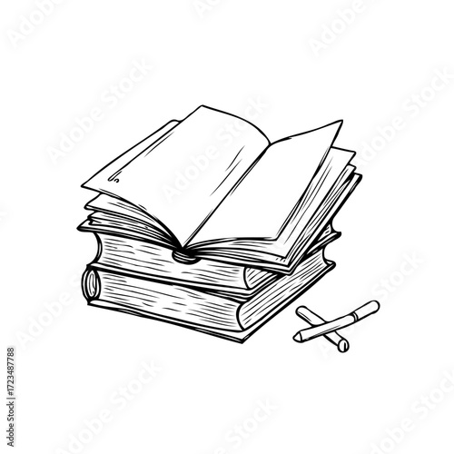 Stack of books with opened pages and pencils symbolizing knowledge and learning process