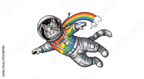 Astronaut cat in space with rainbow illustration, cute kitty in spacesuit graphic design for print and web