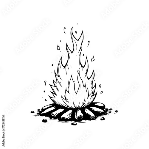 Stylized campfire illustration displaying dancing flames emanating from a foundation of stacked