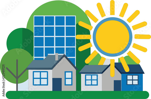 Sustainable energy for homes with solar panels and sunshine