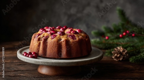 Festive cranberry-laden bundt cake graces rustic table, echoing Yule feast warmth and Winter Solstice abundance, evergreen whispers abound