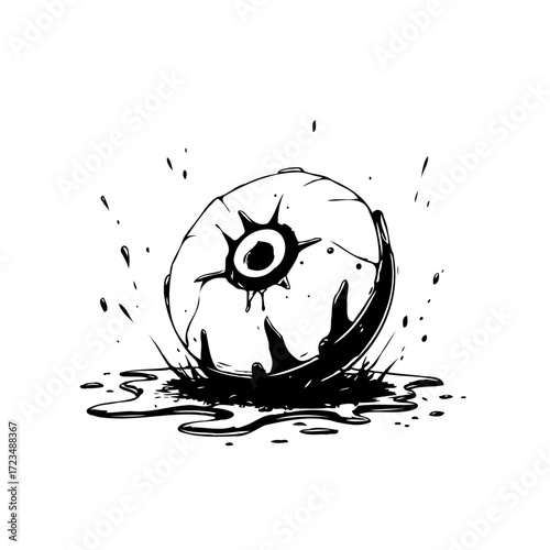 Stylized monochrome eyeball graphic with splatter effects and a fractured surface conveying themes