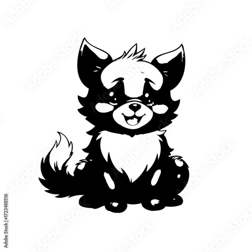 Stylized playful monochrome kitten illustration presenting a whimsical vibe with simple and clean