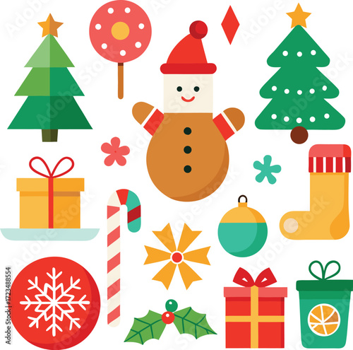 Vector art of a delightful compilation of christmas icons featuring a stylized evergreen tree, a gingerbread man, a candy cane, a gift box, a festive stocking, and a snowflake motif, all isolated on a