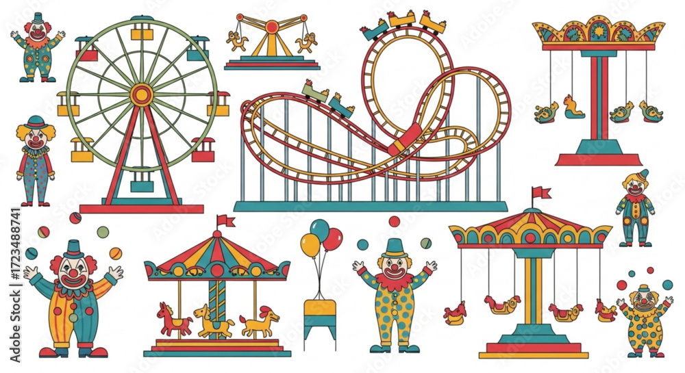 Amusement park rides and clowns, including a ferris wheel, roller coaster, and carousel, all in a pixelated style