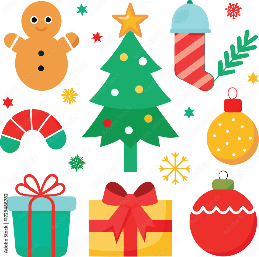 Fototapeta premium Vector art of a delightful arrangement of christmas elements including a gingerbread man, a festive tree, a stocking, gifts, ornaments, and snowflakes, all isolated on a for easy use