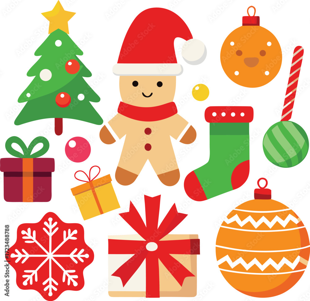 Fototapeta premium Vector art of a delightful arrangement of christmas icons including a gingerbread man, christmas tree, ornaments, gifts, candy cane, snowflake, and stocking, isolated on a