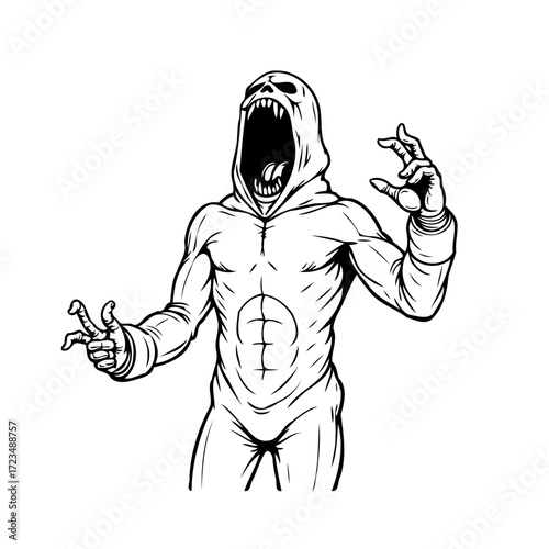 Terrifying hooded figure unleashing a fearsome scream with raised hands in monochrome illustration
