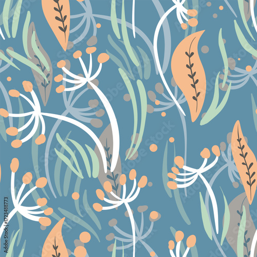 Seamless floral pattern based on traditional folk art ornaments. Colorful flowers on color background. Scandinavian style. Sweden nordic style. Vector illustration. Simple minimalistic pattern.