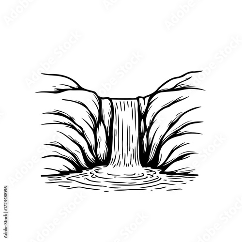 Waterfall cascade illustration with rocky landscape and rippling water surface drawn in minimalist