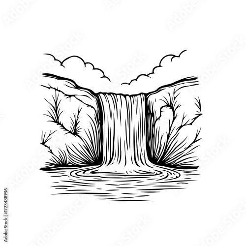Waterfall illustration with cloudscape and natural surroundings creating a calming picturesque
