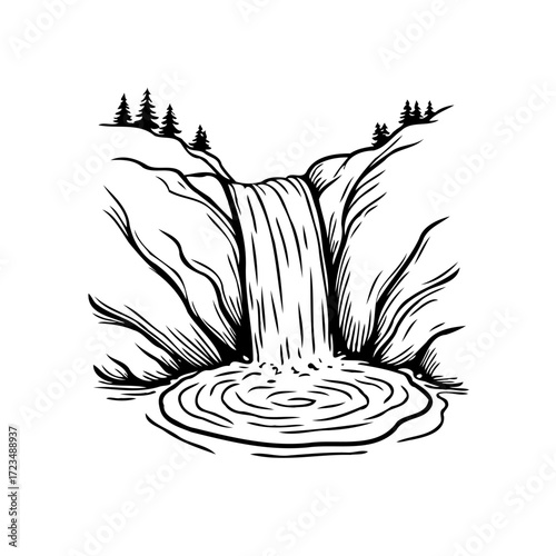 Waterfall landscape artistic sketch of cascading waters serene nature illustration with mountain