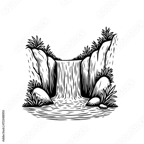 Waterfall cascading between rocky cliffs creates a serene natural scene illustration style black