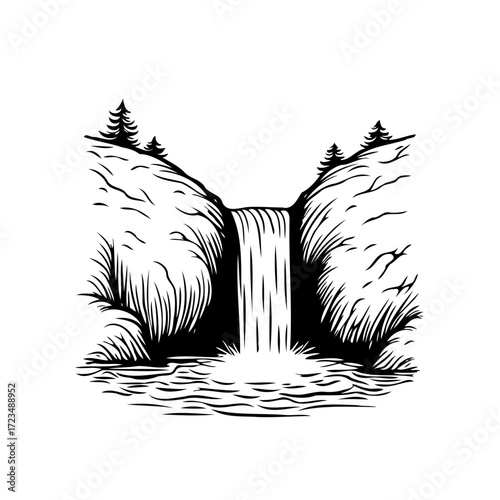 Waterfall scene with rocky cliffs and evergreen trees in a monochromatic engraved aesthetic