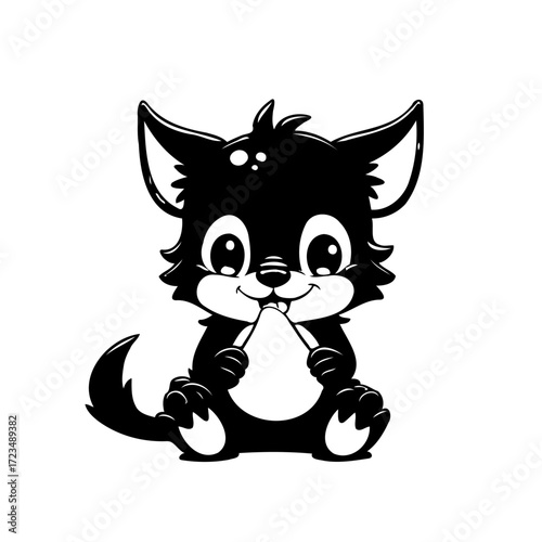 Whimsical cartoon wolf illustration with expressive eyes holding a soft object is perfect for