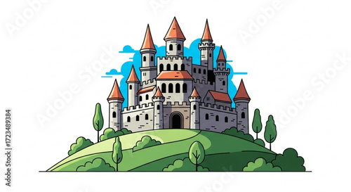 Majestic castle perched atop a green hill, showcasing towers, walls, and turrets, creating a fairytale scene