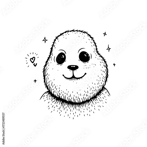 Whimsical creature illustration featuring a endearing fluffy character with sparkling aura