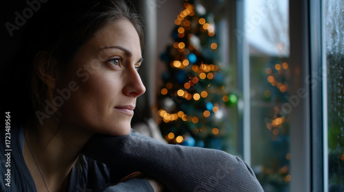 A woman looking out the window on Christmas Eve, her face reflecting sadness, the lights of a Christmas tree casting shadows. Loneliness during Christmas holidays with copy space, holiday contrast, a