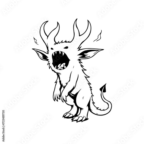 Whimsical creature sketch a cute but grumpy monster with antlers standing outlined in black ink