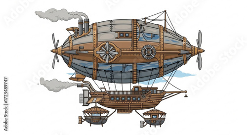 Steampunk airship illustration vintage flying machine fantasy vehicle drawing design travel adventure concept