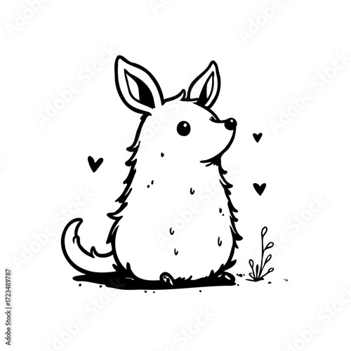 Whimsical creature with pointed ears amidst heart symbols and foliage sketched in monochromatic