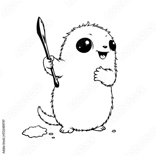 Whimsical creature with kitchen utensil creating culinary chaos in a simple playful scene