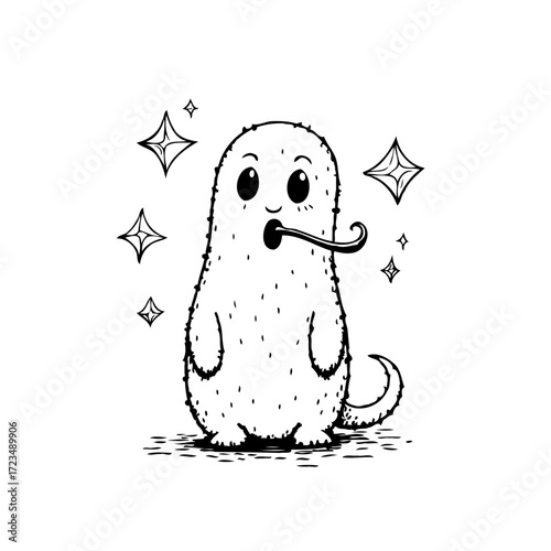 Whimsical doodle of a fuzzy character in monochrome with sparkling stars floating playfully around