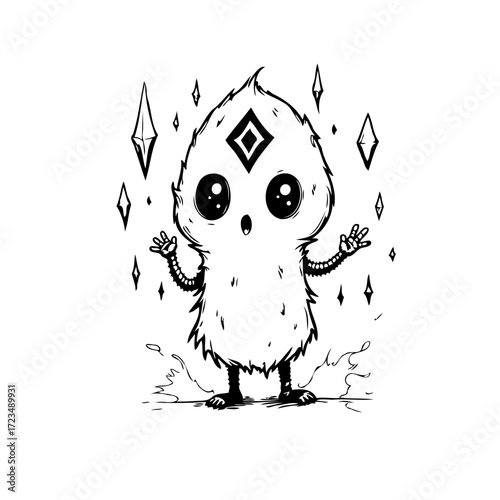Whimsical drawing of a peculiar creature with geometric accents and radiant energy surrounding the