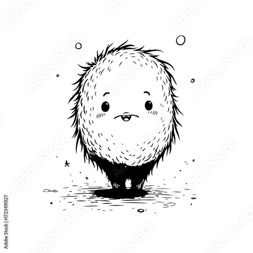 Whimsical fuzzy creature illustration with endearing expression in a monochrome design suitable