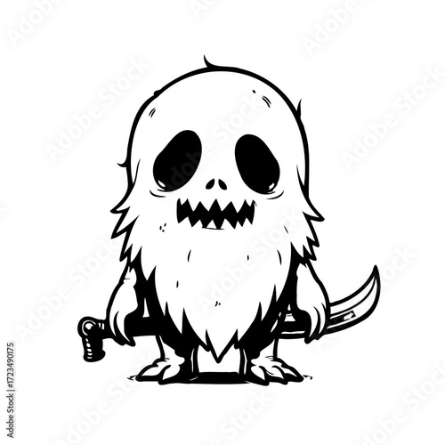 Whimsical ghost illustration wielding a blade for festive events and spooky season fun or