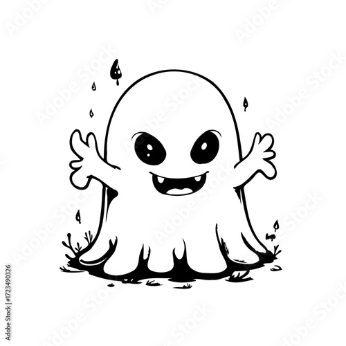 Whimsical halloween illustration featuring friendly ghost surrounded by autumn leaves providing a