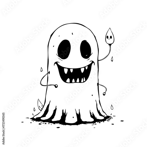 Whimsical halloween spirit illustration featuring a smiling ghost with quirky details on a white