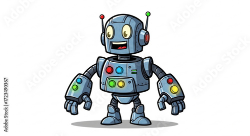 A cheerful cartoon robot with a metallic body, colorful buttons, and antenna it has a friendly expression and outstretched arms