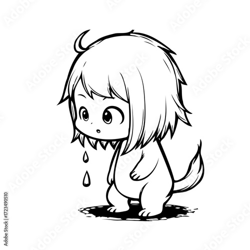 Whimsical hand drawn monster character illustration in black and white with unique detail and