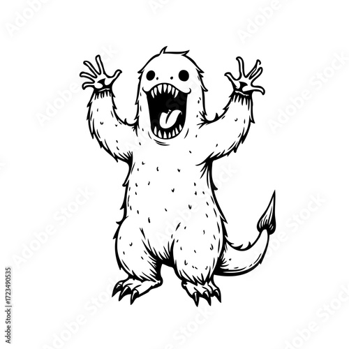 Whimsical hand-drawn illustration of a furry creature with a toothy grin and expressive gestures