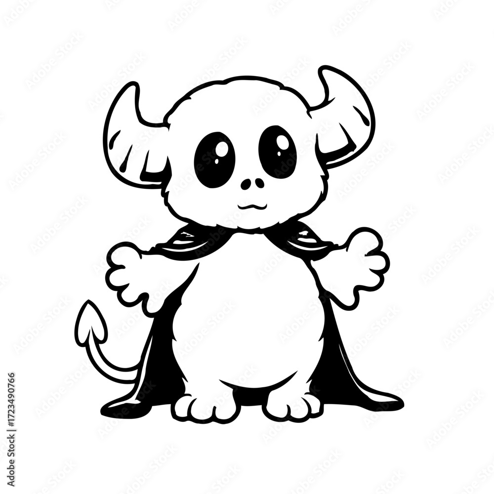 Naklejka premium Whimsical horned creature in cape charming mascot illustration delightful halloween theme perfect